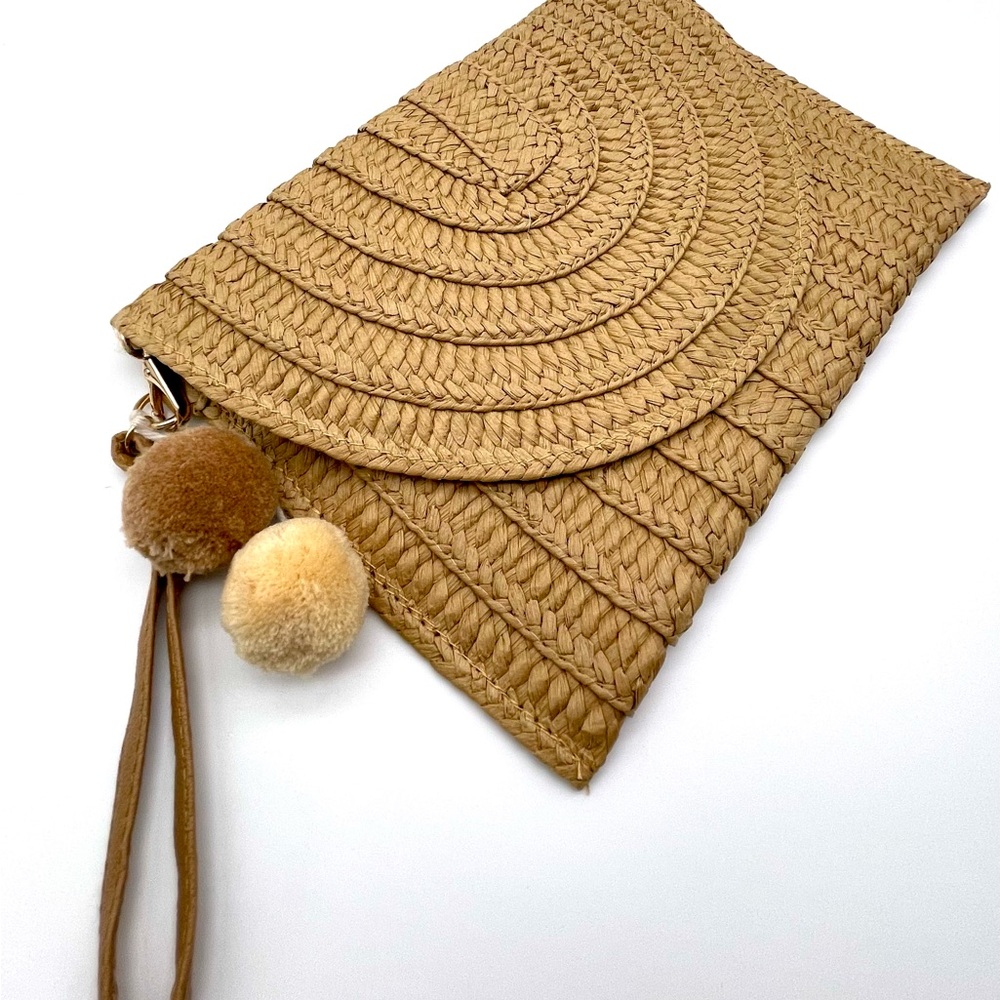 Stylish Handwoven Straw Wrist Bag, Woven Clutch with Pom Poms - Brown